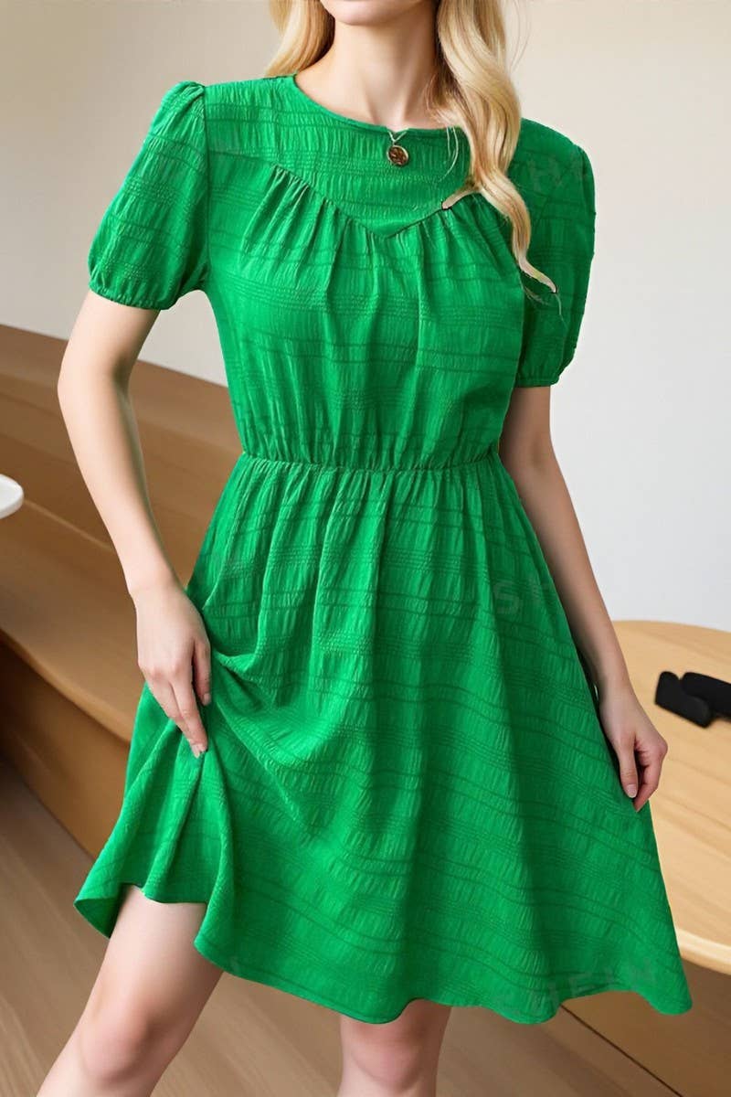 CWDSD10538_SUMMER SOLID COLOR SLIM ELASTIC WAIST DRESS