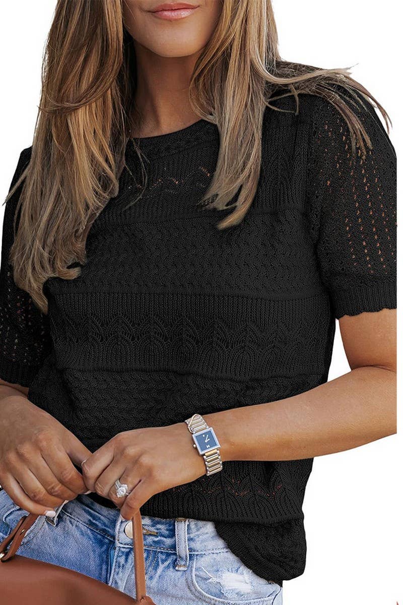 CWOSWS0144_CROCHET HOLLOW OUT KNIT SHORT SLEEVE TOP