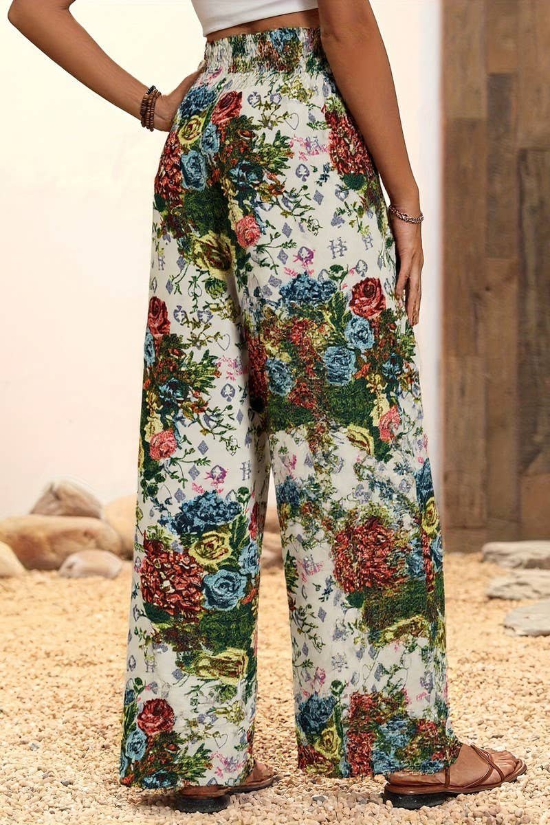 CWBLP2072_HIGH WAIST FLORAL FLARED DRAPED SUMMER PANTS