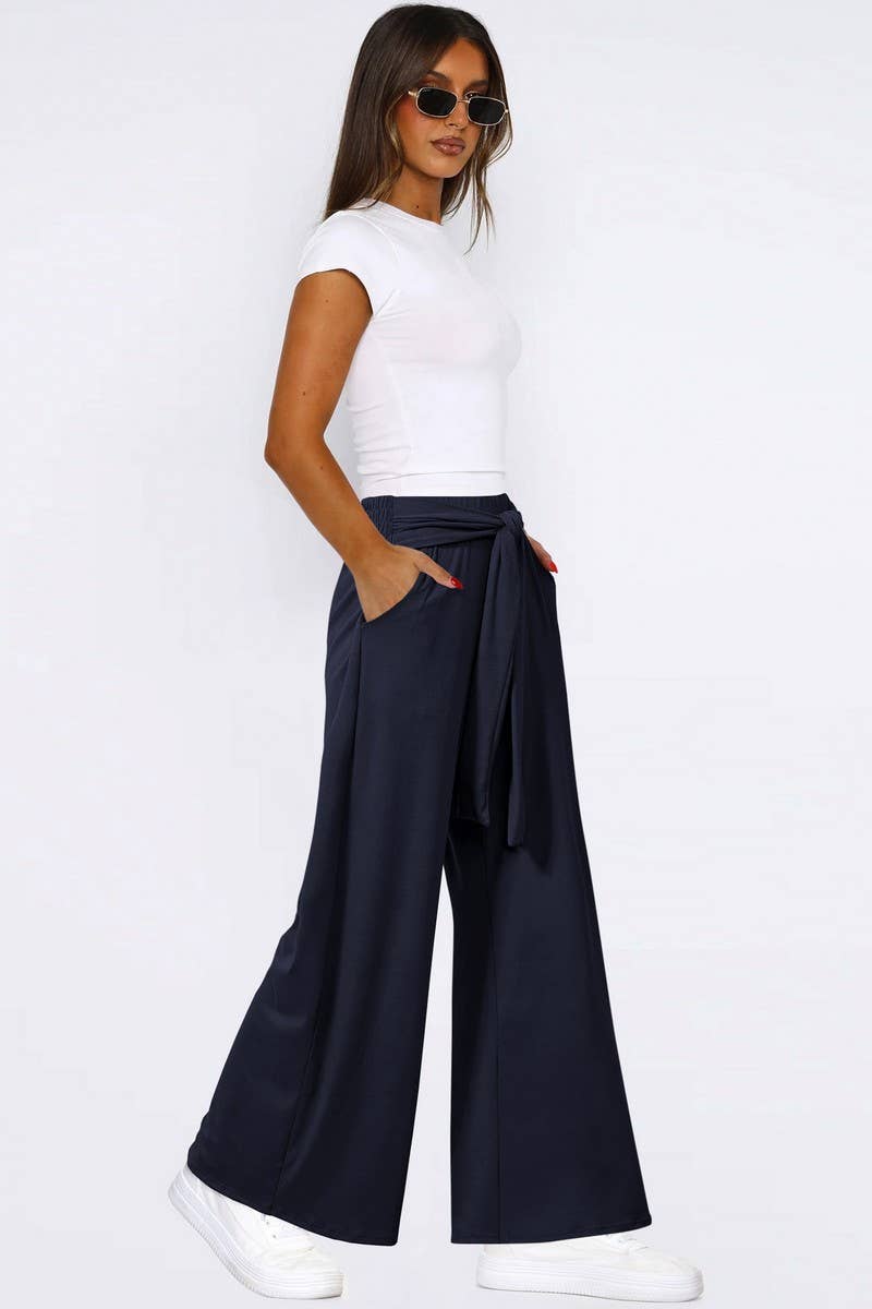 CWBLP1861_SOLID COLOR DRAPE LACE-UP WIDE-LEG PANTS