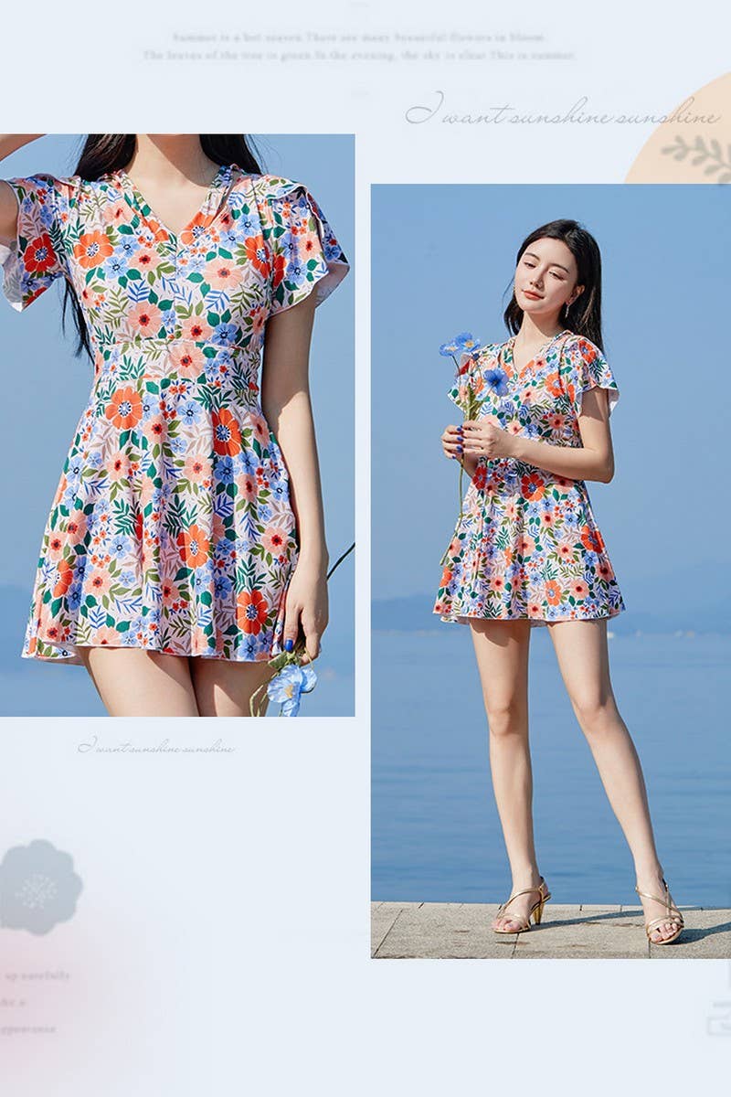 CWMW0863_V-NECK FLORAL SHORT-SLEEVED BEACH SWIMSUIT DRESS