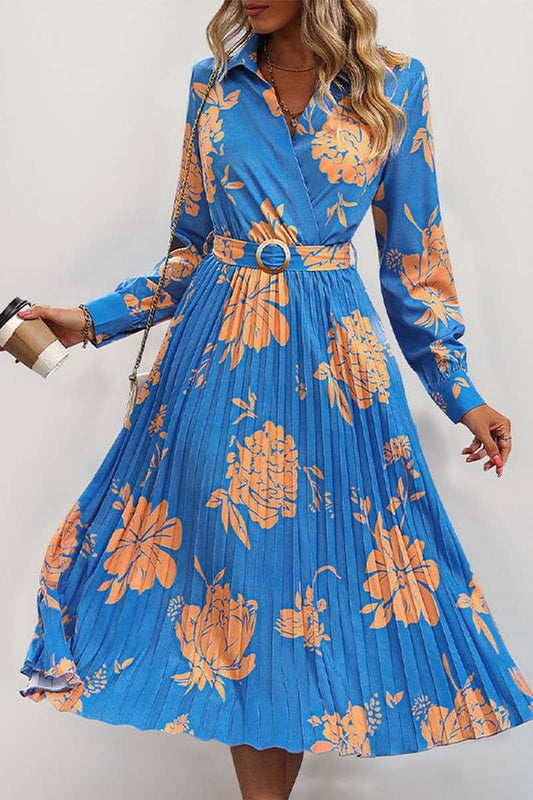 CWDMD3556_BELTED LAPEL PRINTED LONG SLEEVE PLEATED DRESS