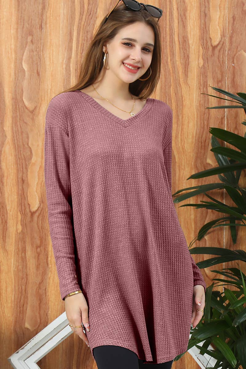 CWTTL1008_SOLID V NECK LONG SLEEVE KNIT SWEATER LONG TOP