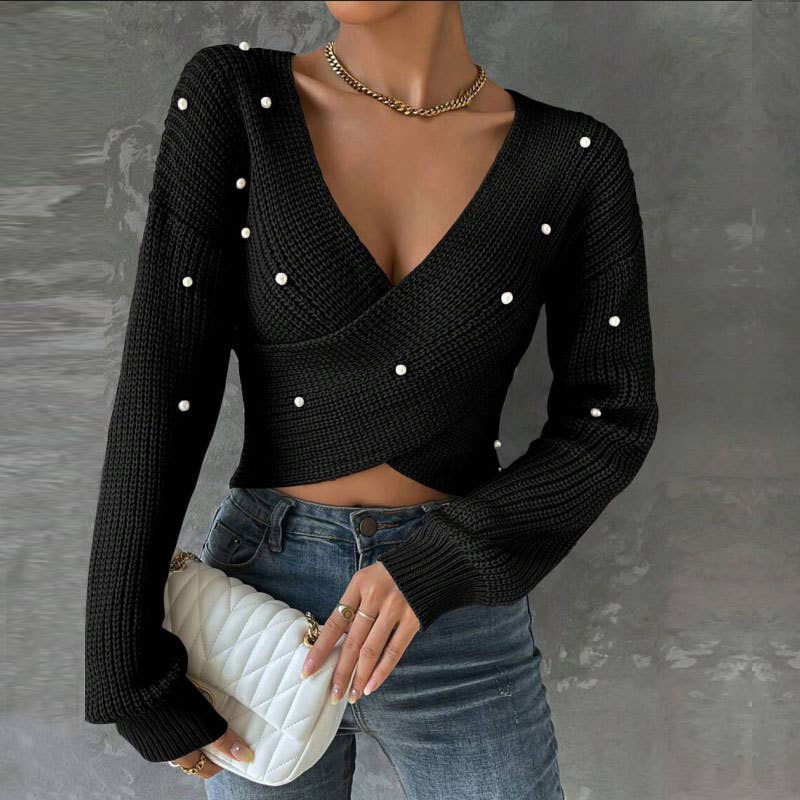Beaded one-shoulder slimming knitted sweater