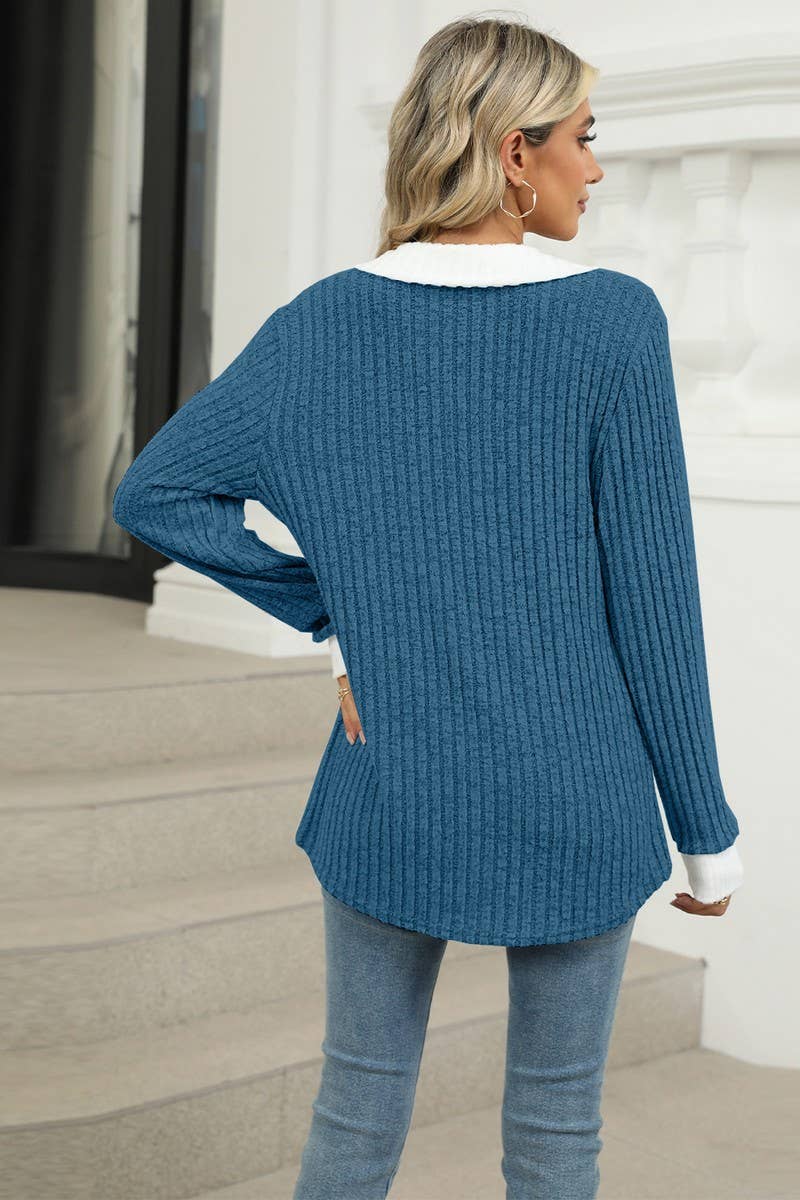 CWTBLL1874_CONTRAST COLOR LAPEL LONG SLEEVE LOOSE TOP