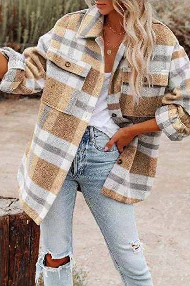 CWOCO0938_LONG-SLEEVED LAPEL LOOSE PLAID THICKENED COAT