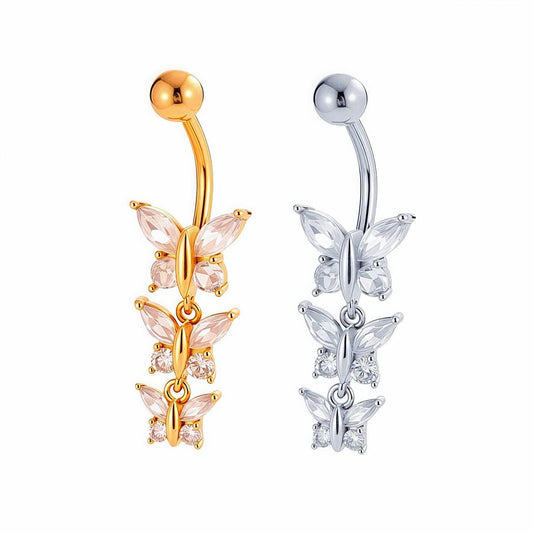 Triple Butterfly Zircon Dangle Belly Ring