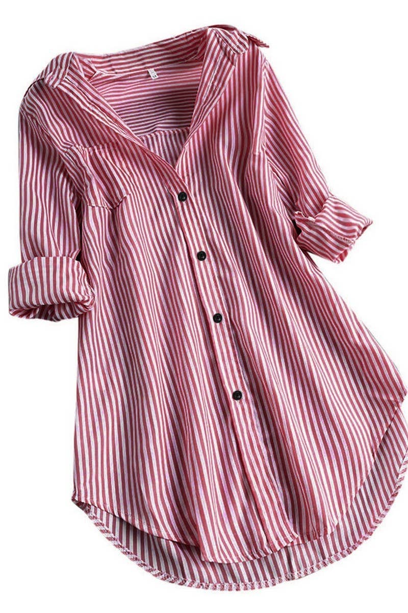 CWTSTL2875_LOOSE FIT VERTICAL STRIPE CASUAL MID-LENGTH SHIRT