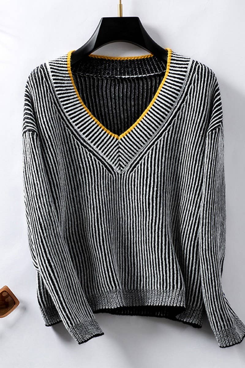 CWOSWL2834_V-NECK STRIPED CASUAL PULLOVER KNIT TOP