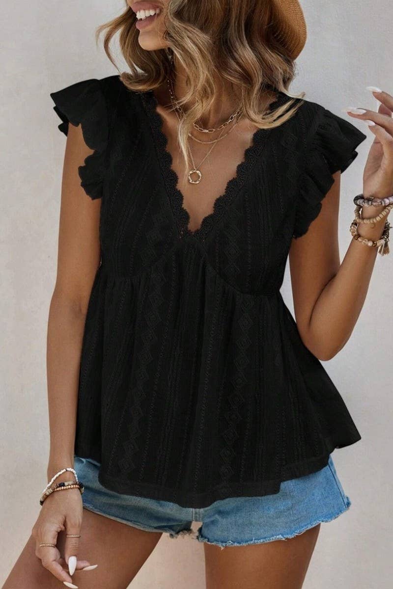 CWTBLSL0964_EYELET V-NECK RUFFLE SLEEVE LACE TRIM TEE