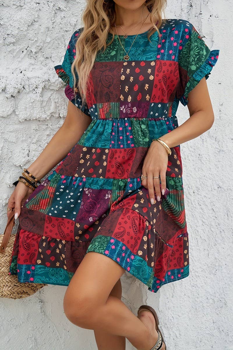 CWDSD10878_RUFFLE SLEEVE KNEE LENGTH VACATION DRESS