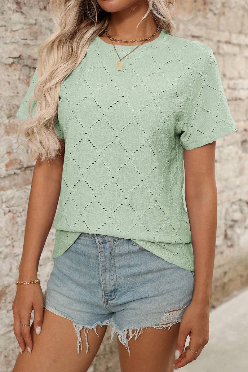 CWTTS1372_SUMMER ROUND NECK JACQUARD SHORT-SLEEVED T-SHIRT