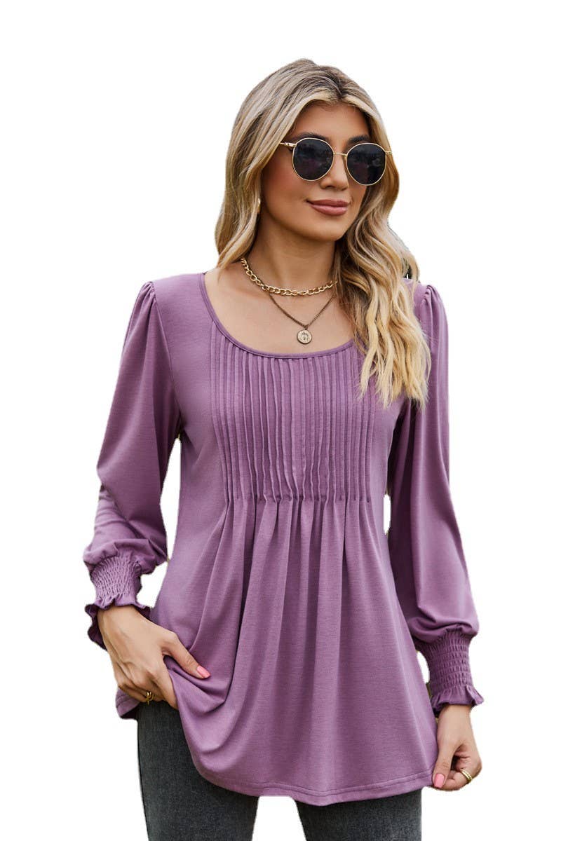 CWTBLL3687_NEW AUTUMN SOLID COLOR ROUND NECK DRAW CUFFS TOP