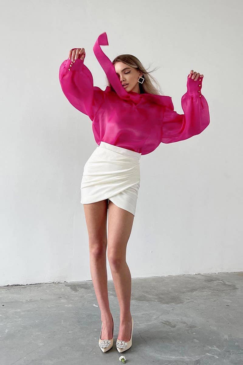 CWTSTL2579_PUFF SLEEVE BOWKNOT SEE-THROUGH LONG SLEEVE TOP