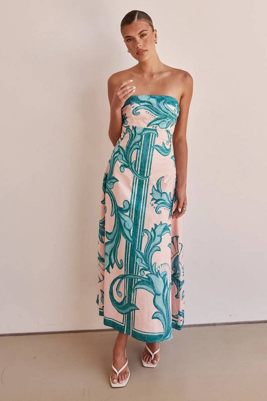 CWDTD0442_STRAPLESS FLORAL PRINT FITTED MAXI DRESS
