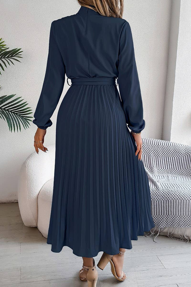 CWDMD3430_TIE STAND COLLAR PLEATED MAXI DRESS