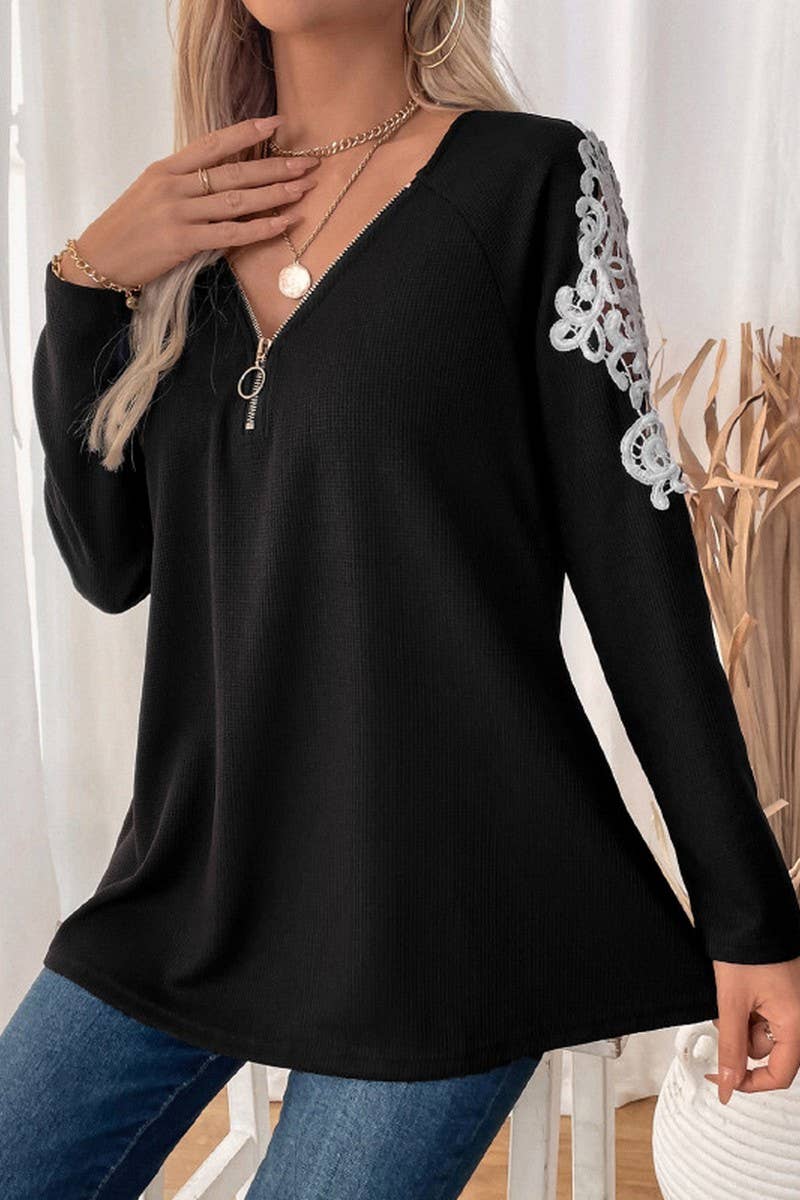 CWTBLL2034_V-NECK LACE PANEL LONG-SLEEVED T-SHIRT TOP