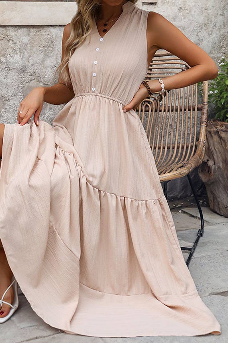 CWDMD1265_V-Neck Sleeveless Detailed Tiered Dress