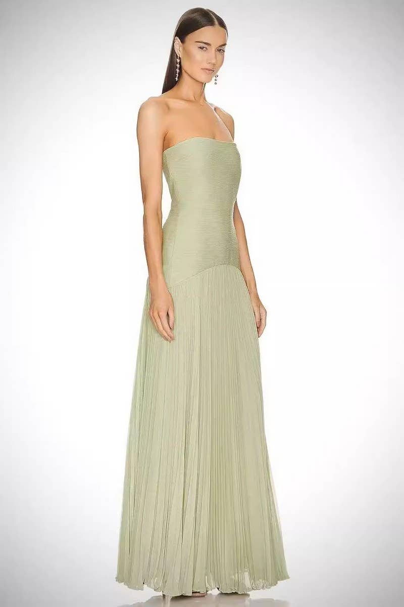 CWDMD6029_SOLID CASUAL RIBBED PLEATED STRAPLESS DRESS