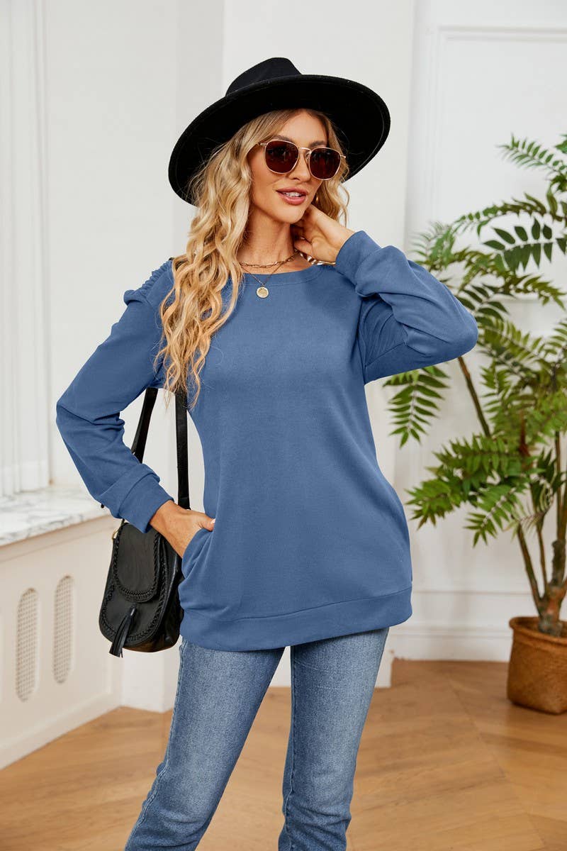CWTBLL2384_SOLID COLOR ROUND NECK LONG SLEEVE POCKET T-SHIRT