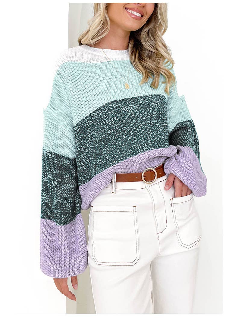 COLOR CONTRAST PATCHWORK LOOSE CREW NECK SWEATER