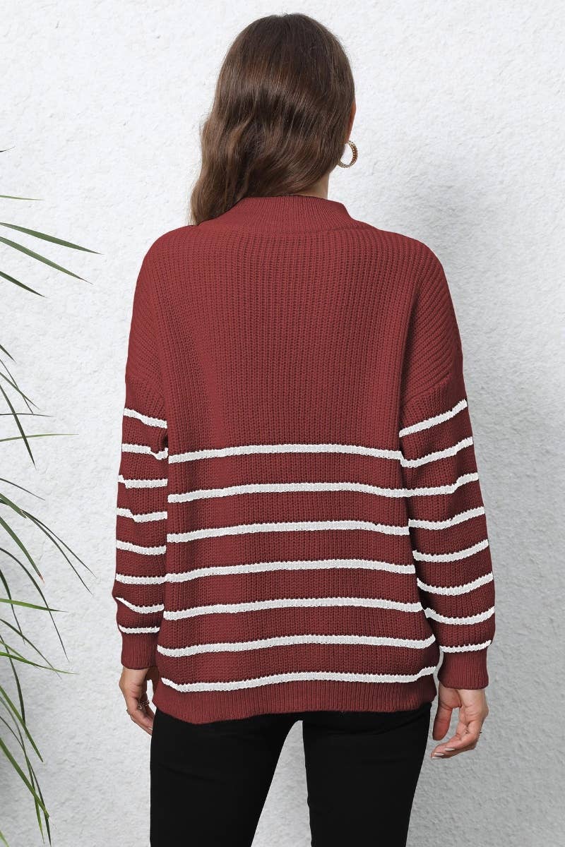 CWOSWL6730_KNIT ZIPPER STRIPED LONG-SLEEVED SWEATER