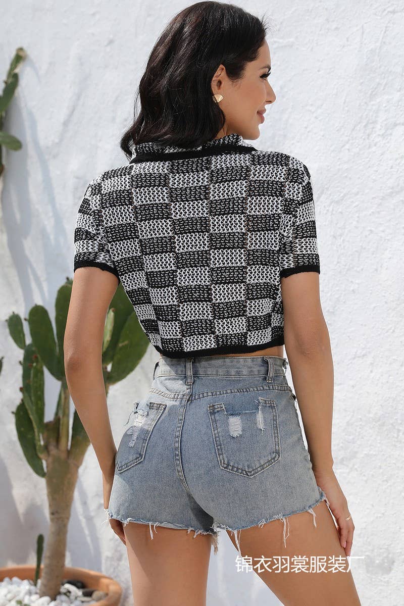 CWTBLS1748_SUMMER PLAID SEASIDE KNITTED SHORT T-SHIRT