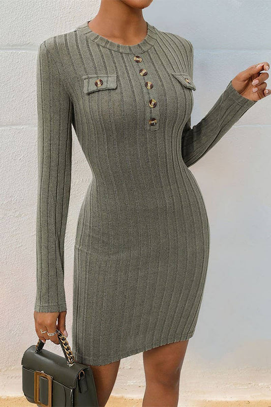 CWDSD7169_SIMPLE SLIM ROUND NECK BUTTON KNIT DRESS
