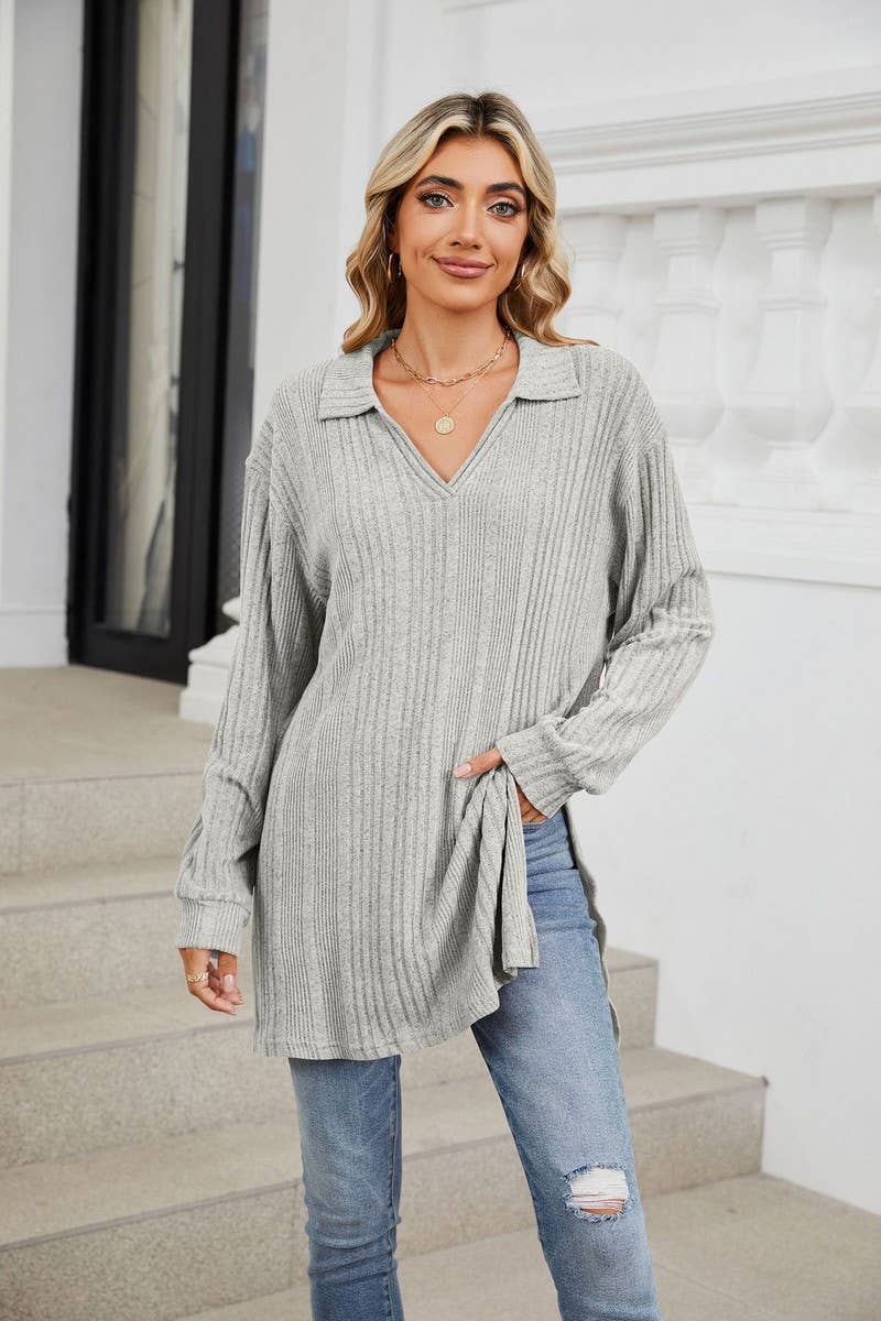 CWTBLL3668_FLIP COLLAR SLIT LONG SLEEVED LOOSE T-SHIRT TOP