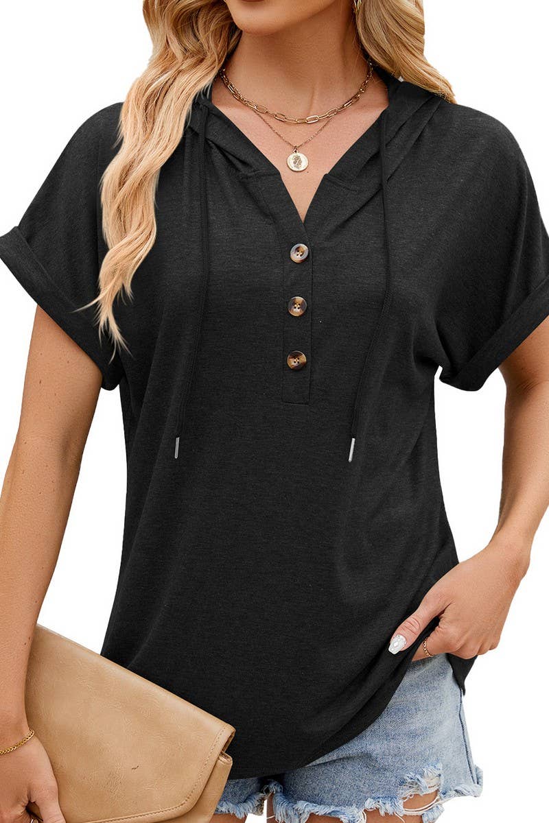 DRAWSTRING BUTTON SOLID COLOR LOOSE HOODIE_CWOHOS0012