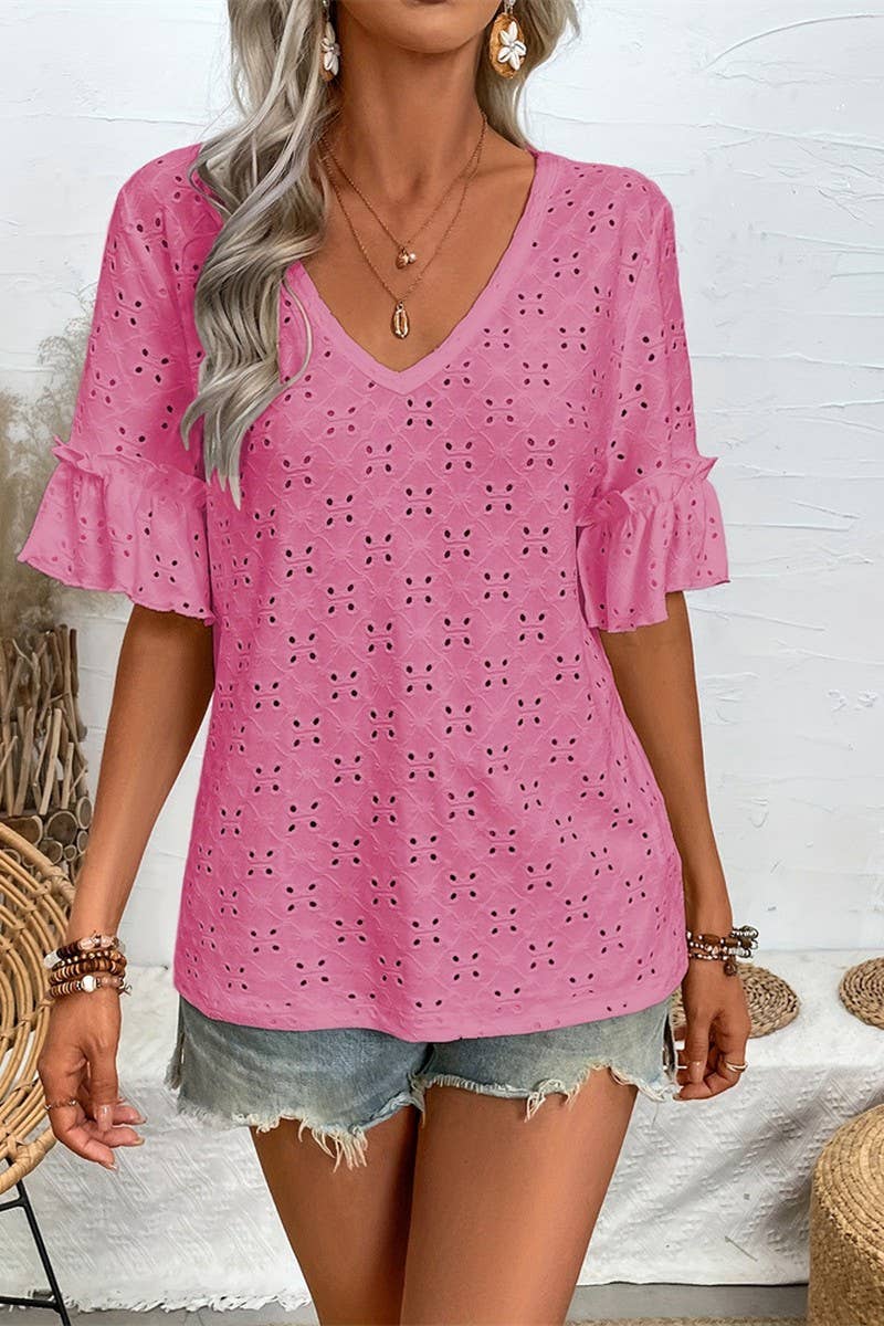 CWTTS1394_V-NECK HOLLOW RUFFLE SHORT-SLEEVED T-SHIRT