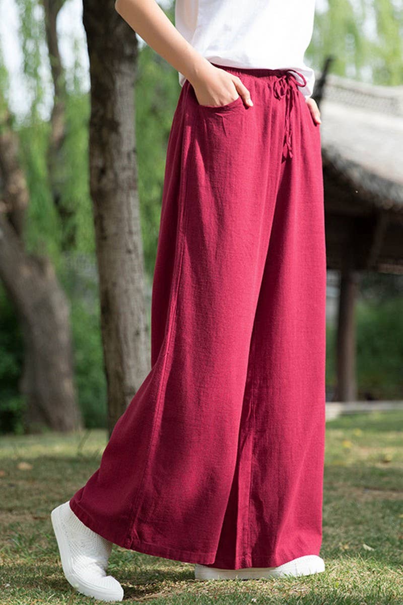 CWBLP1376_COTTON AND LINEN DRAWSTRING WIDE LEG PANTS