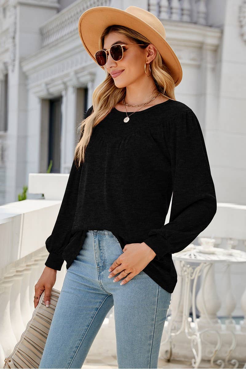 CWTBLL3690_LOOSE CREW NECK CASUAL PLEATED TOP