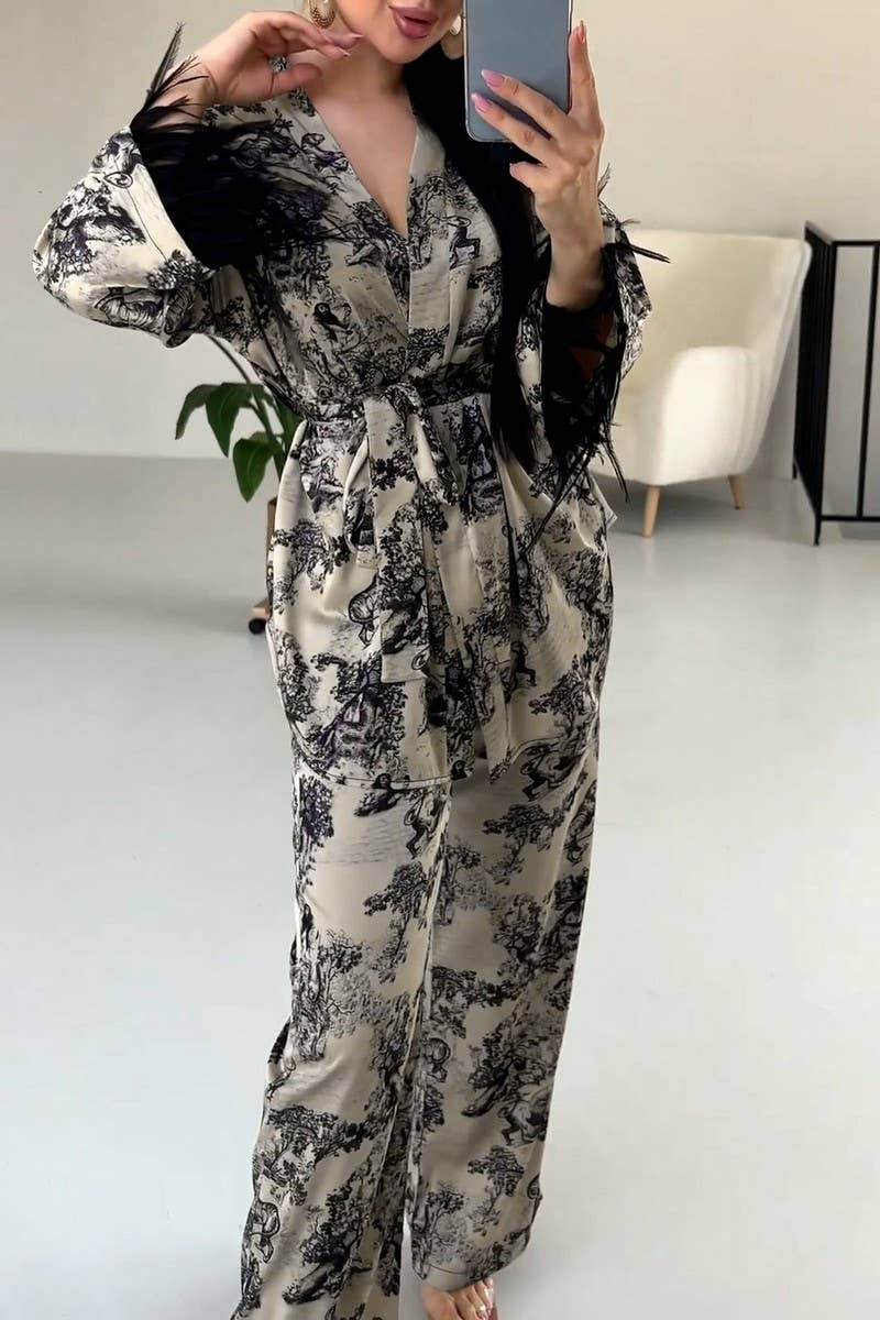 CWSPJ0265_PRINTED FEATHER TWO-PIECE KNITTED HOMEWEAR