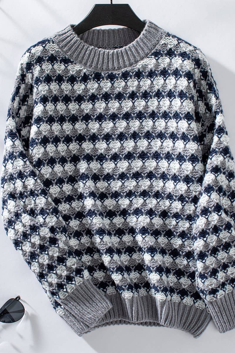 CWOSWL2907_CONTRAST STRIPED LONG-SLEEVED KNITTED SWEATER