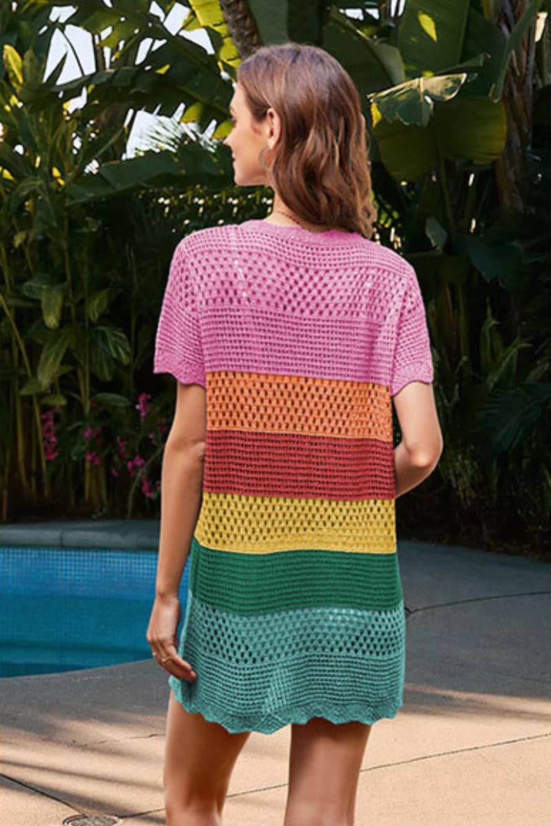 CWDSD4610_CROCHET HOLLOWED-OUT SMOCK KNIT DRESS SHORT