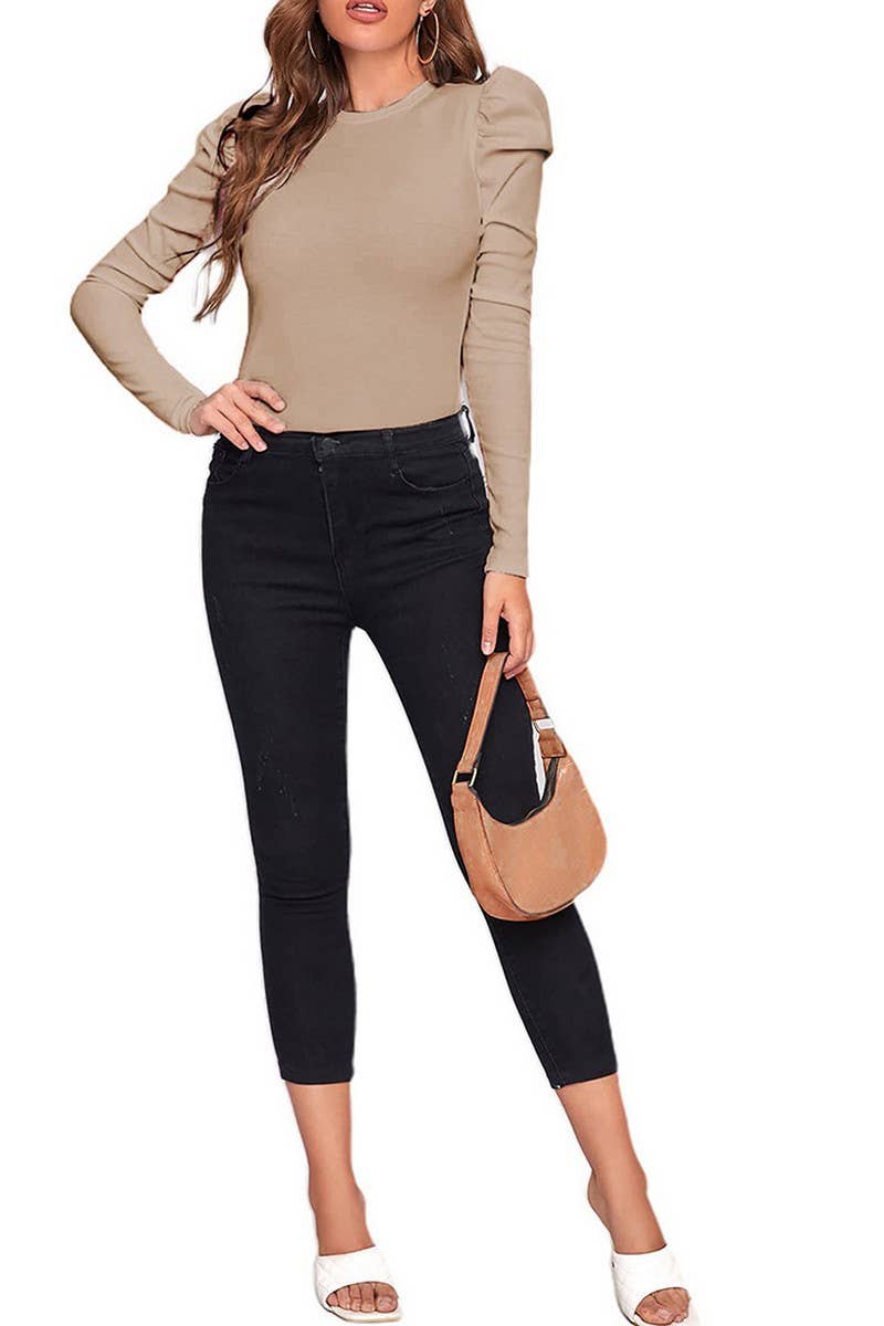 CWTBLSL0659_SOLID COLOR WARM ROUND NECK PUFF SLEEVE TOP