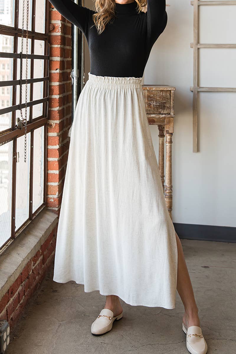 CWBLS092_MAXI SIDE SLIT DETAILED LINEN SKIRT