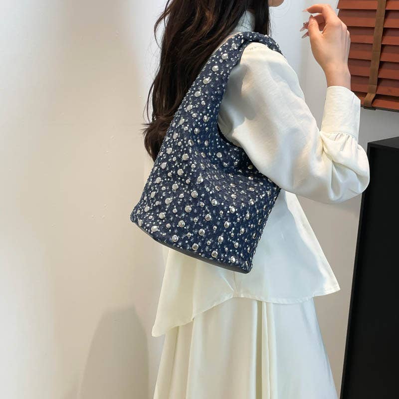 Fashionable riveted denim single-shoulder bag
