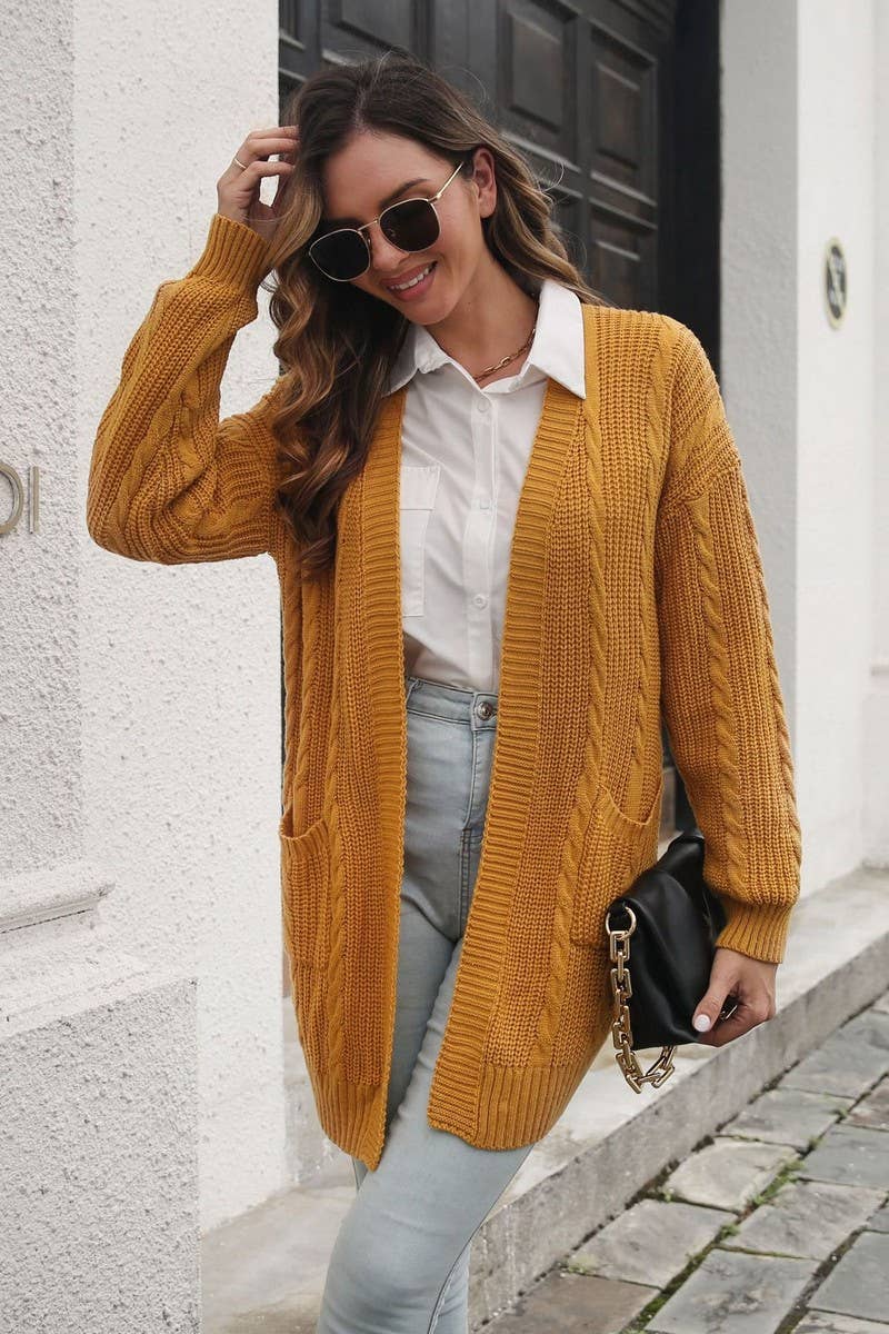 CWOCAL1257_SOLID COLOR CABLE KNITTED MID-LENGTH CARDIGAN