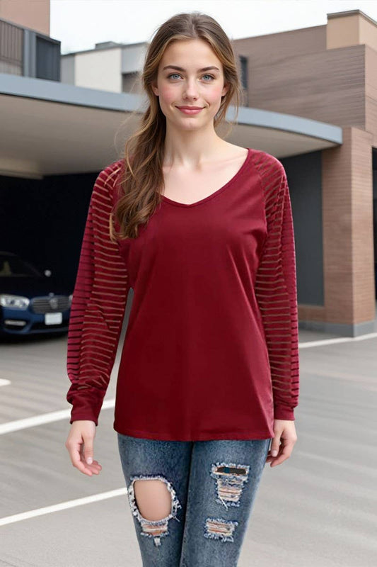 CWTTL00994_SPRING AND AUTUMN LONG SLEEVE STRIPED V-NECK TOP