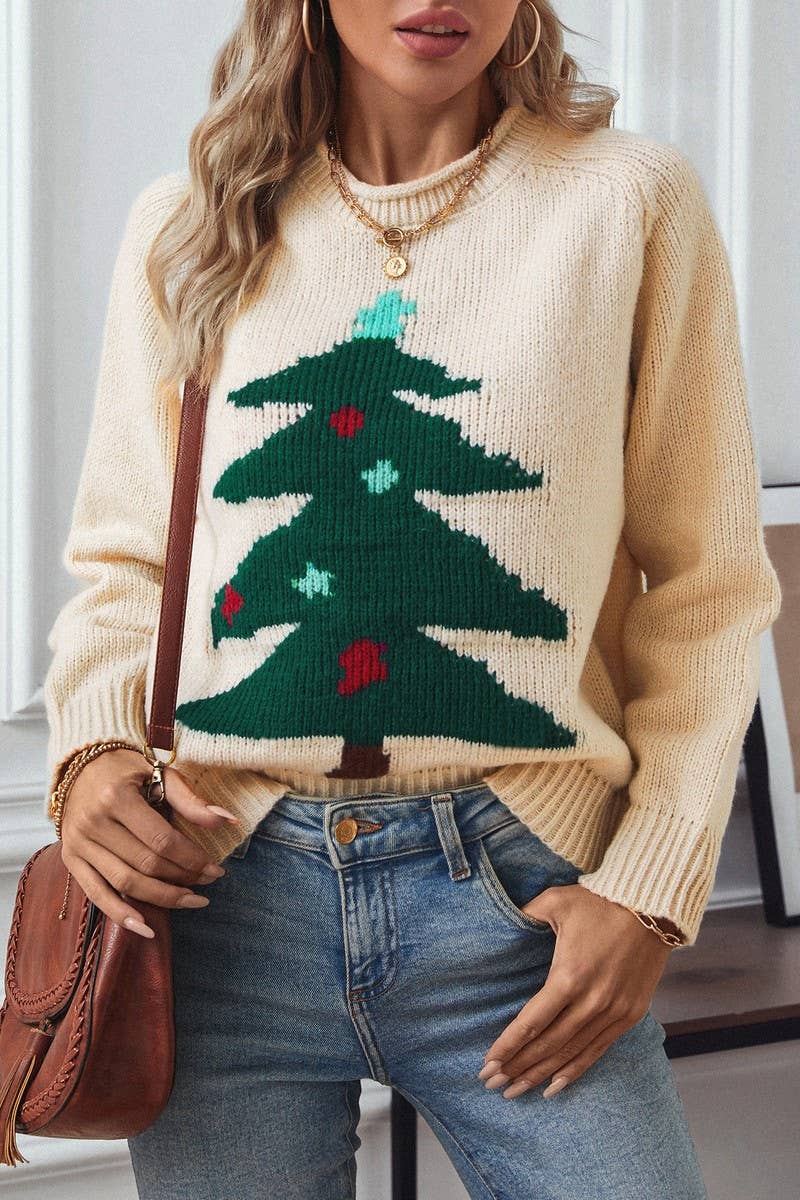 CWOSWL2835_CHRISTMAS TREE PRINT PULLOVER SWEATER