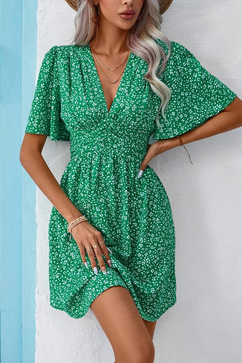 CWDSD7524_SUMMER V-NECK HIGH WAIST FLORAL PLEATED DRESS