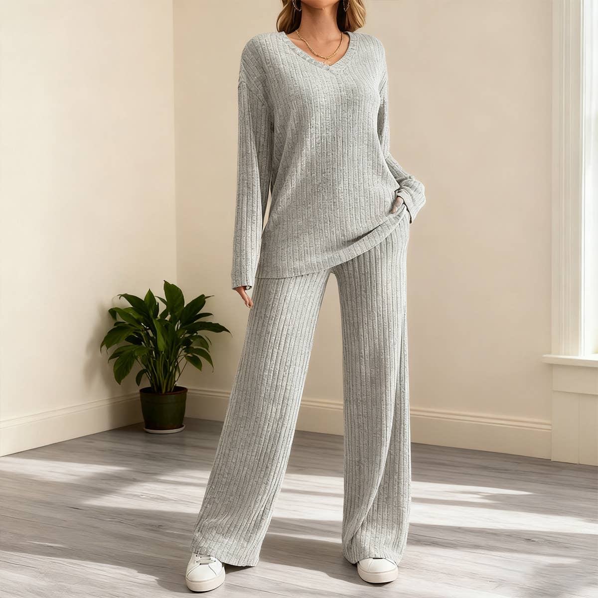 Casual straight-leg pants V-neck striped suit