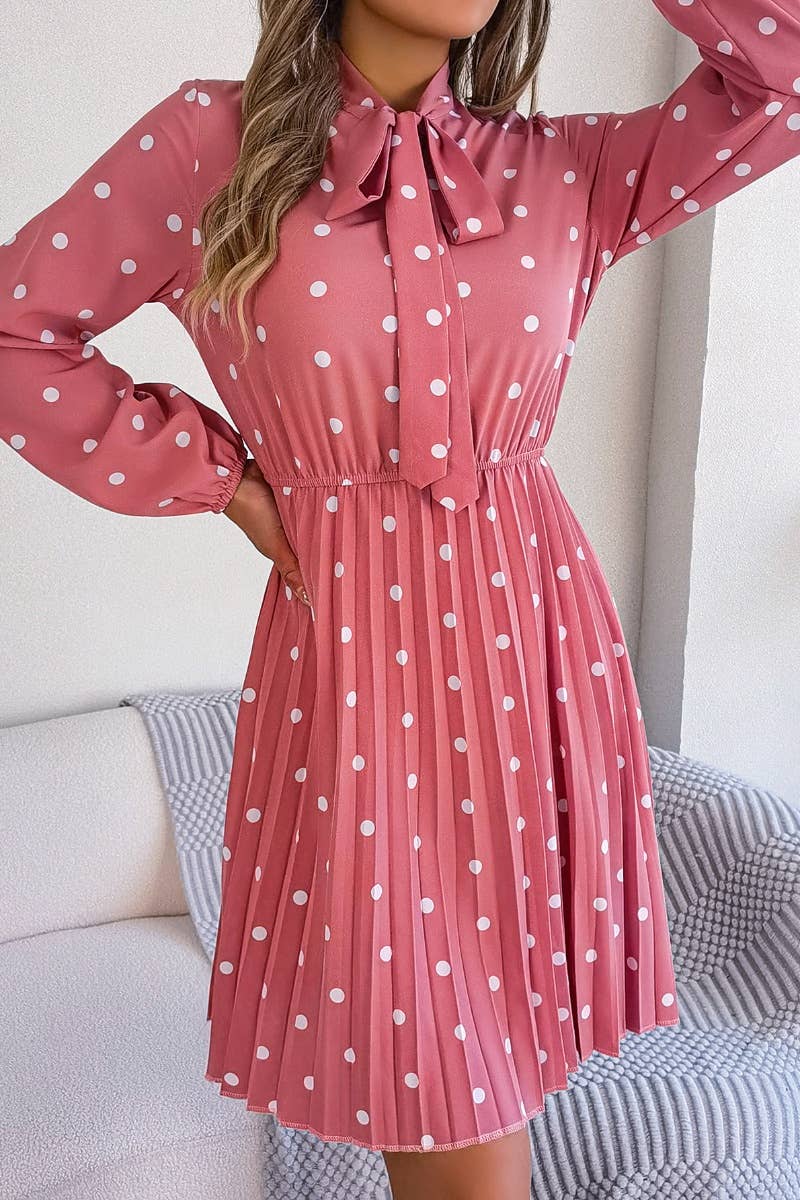 CWDSD4684_SUMMER POLKA-DOT WAIST LONG SLEEVE PLEATED DRESS