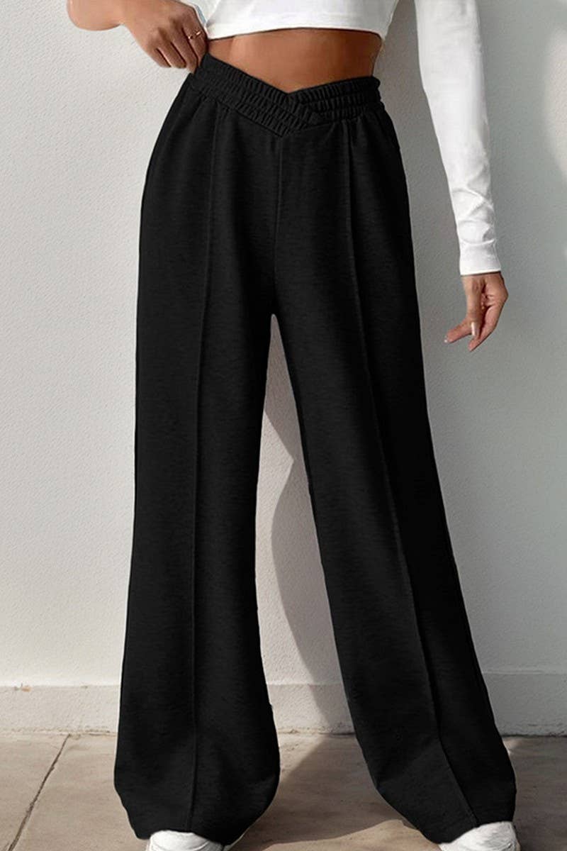 CWBLP1356_CASUAL ELASTIC V-NECK HIGH WAIST WIDE LEG PANTS