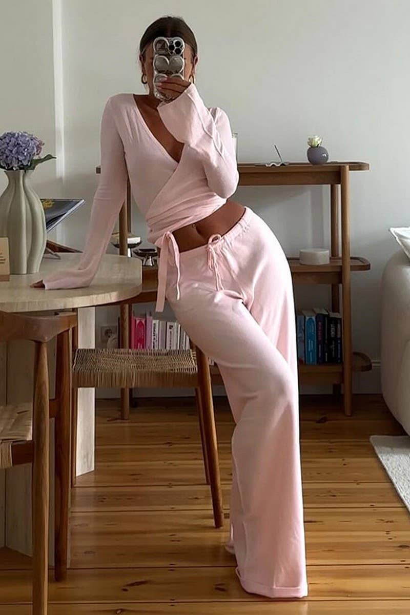 CWSTB00460_TIE FRONT TOP HIGH WAIST DRAWSTRING PANTS SET