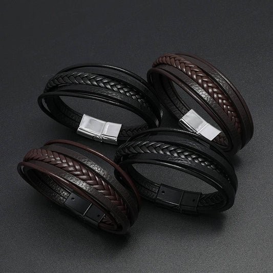 SIMPLE BRAIDED LEATHER MAGNET CLASP BRACELET_CWMM4471