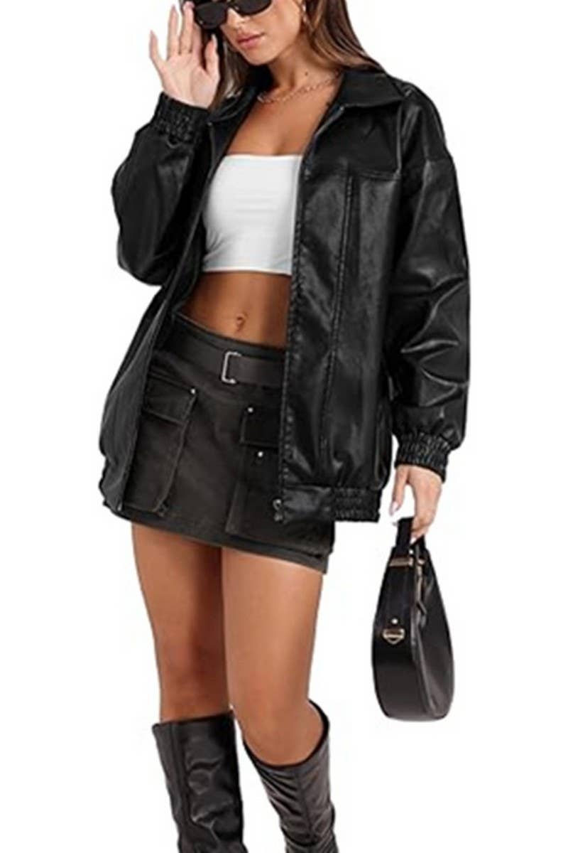 CWOCO1150_LAPEL ZIPPER SIDE POCKET PU LEATHER JACKET
