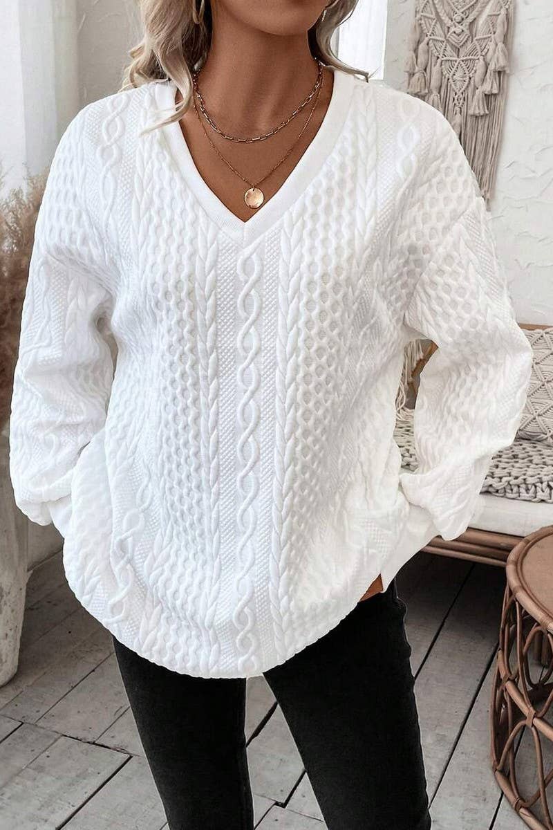 CWOSWS00160_V-NECK SOLID COLOR KNITTED LONG-SLEEVED TOP